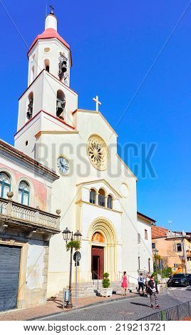 Agerola Italy - September 30 2017: Tourists at St Matthew Church in Agerola Bomerano Amalfi coast Italy
