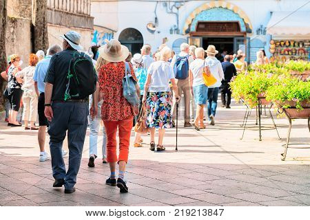Ravello Italy - October 2 2017: People at street restaurant on central square in Ravello village Tyrrhenian sea Amalfi coast Italy