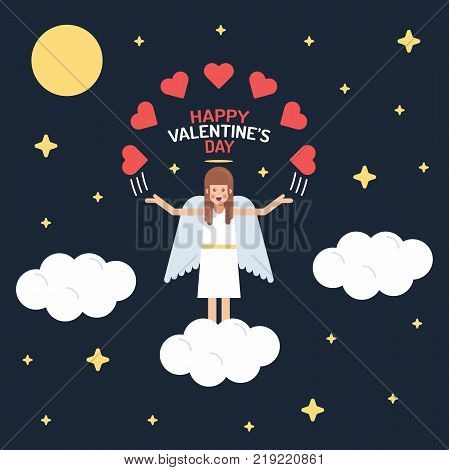 Valentine Day Angel On Cloun And Star Sky With His Hand Up And Love Icon Icons Are Arranged In A Sem