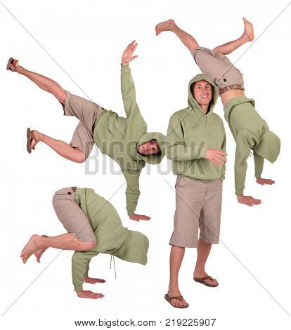 collage with three men stand on their hands and one on their feet in foreground, in bridges and jacket with hood, one model