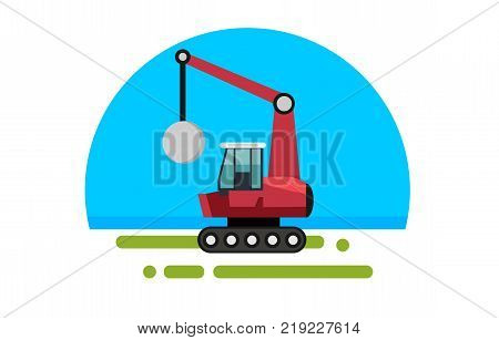 Flat red crane with wrecking ball in a flat style isolated. Heavy machinery for conducting construction works. Wrecking ball icon. Element for site, infographics, websites. Vector illustration.