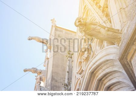 Gargoyle domon sculture in woman statue with rock and decorated above the door and top roof of church in Carcassonne south of France with background white and light of soft orange.