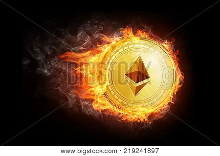Golden ethereum coin flying in fire flame. Blockchain token grows in price on stock market concept. Burning crypto currency ethereum symbol illustration isolated on black background.