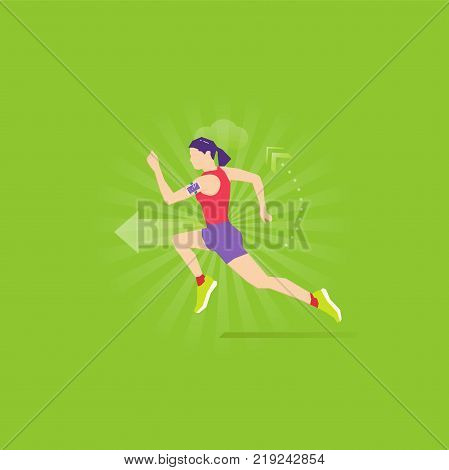 Caucasian woman run in shorts, sports shirt and sneakers with fitness tracker on her arm. Exercise Workout. Healthy livestyle flat design style vector illustration