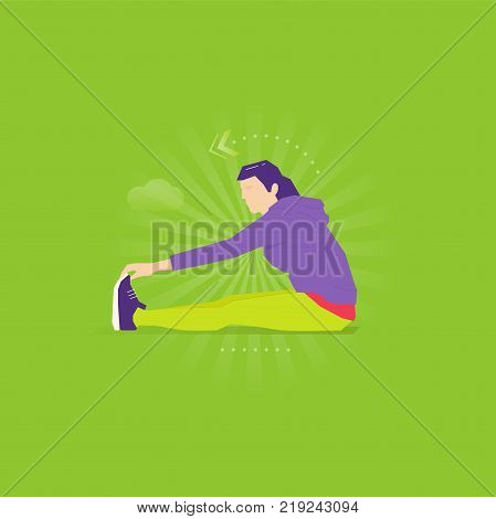 Caucasian woman doing leg stretching exercise in sport suit and sneakers. Exercise Workout. Healthy livestyle flat design style vector illustration