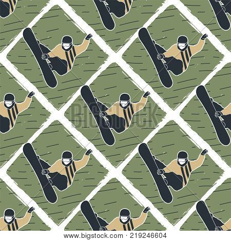 Snowboard man seamless background. Winter ski retro color design pattern with snowboarder. Stock isolated on white. Old style.