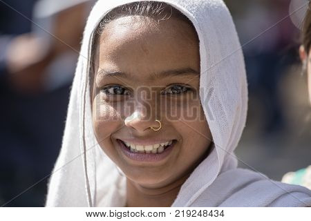ELLORA INDIA - FEBRUARY 01 2017 : Unidentified portrait Indian girl who visited the Ellora cave State of Maharashtra India