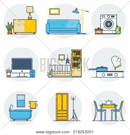 Set of line interior design icons line sign and symbols in flat vectordesign