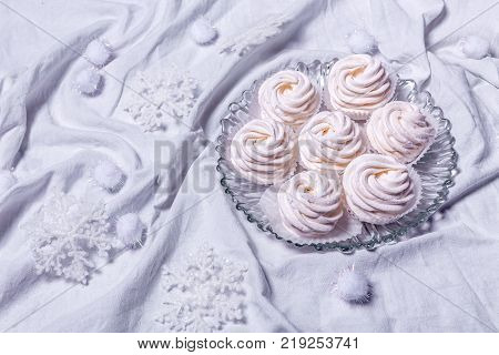 Homemade Marshmallows. Zephyr. On White Textille Background