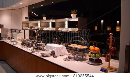 DUBAI, UNITED ARAB EMIRATES - APRIL 4th, 2014: The Lufthansa Senator Business Lounge at Dubai International Airport DXB. The German airline is a member of Star Alliance.
