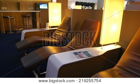 DUBAI, UNITED ARAB EMIRATES - APRIL 4th, 2014: The Lufthansa Senator Business Lounge at Dubai International Airport DXB. The German airline is a member of Star Alliance.