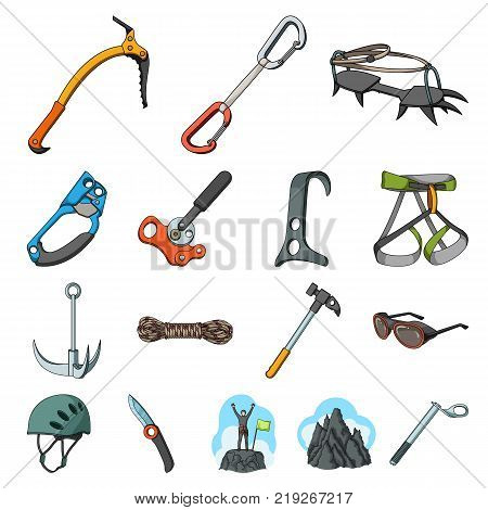 Mountaineering and climbing cartoon icons in set collection for design. Equipment and accessories vector symbol stock  illustration.