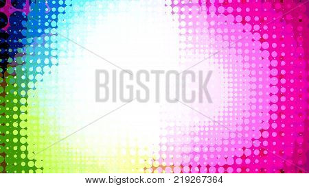 Wide format abstract background, trendy halftone effect. Stipple effect. Retro composition rhythmic bright dotted tiles. Full HD 4K colorful wallpaper. Pace for text. Vector EPS10 with transparency
