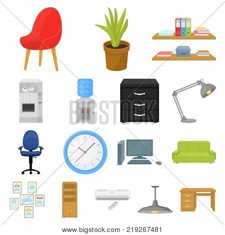 Interior of the workplace cartoon icons in set collection for design. Office furniture vector symbol stock  illustration.