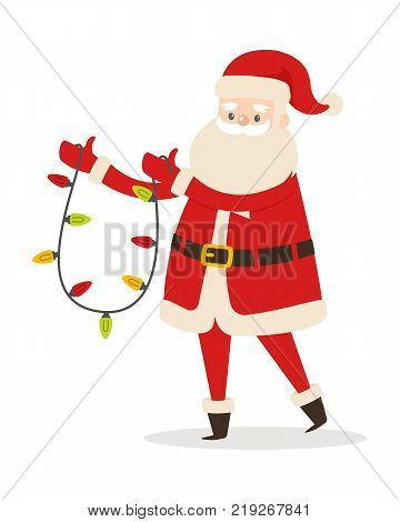 Santa Claus with garland isolated on white. New Year decoration in cartoon design. Funny magic character in flat. Saint Nick hold Christmas lights vector illustration in winter holiday concept.