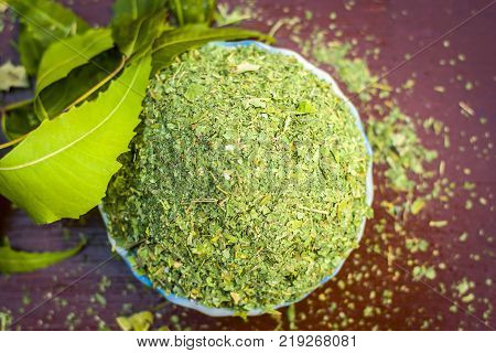 Powder Of Indian Lilac,azadirachta Indica In A Glass Plate With Its Leaves.