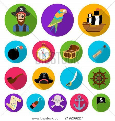 Pirate, sea robber flat icons in set collection for design. Treasures, attributes vector symbol stock  illustration.