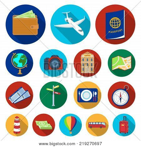 Rest and travel flat icons in set collection for design. Transport, tourism vector symbol stock  illustration.