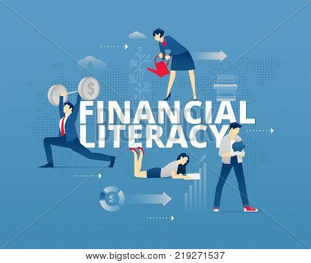 Visual metaphor of modern financial education. Young men and women faceless characters in different movements around words FINANCIAL LITERACY. Vector illustration isolated on blue background