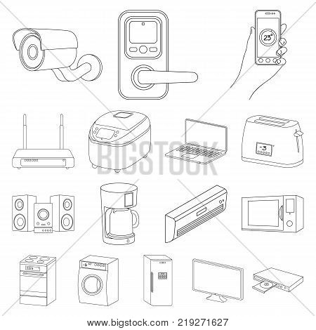 Smart home appliances outline icons in set collection for design. Modern household appliances vector symbol stock illustration.
