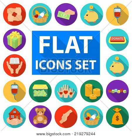 Charity and donation flat icons in set collection for design. Material aid vector symbol stock  illustration.