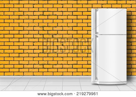 Major appliance - Refrigerator in front on a yellow brick wall background