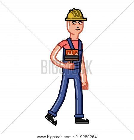 Builder bears a brush. Vector sketch cartoon illustration.