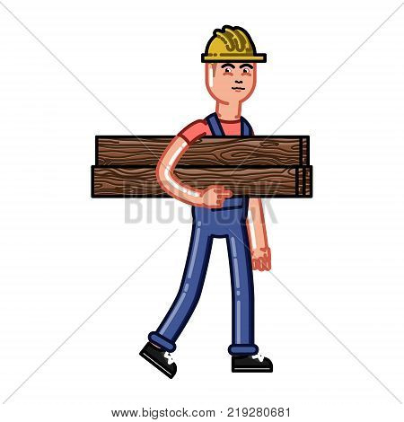 Builder bears timber. Vector sketch cartoon illustration.