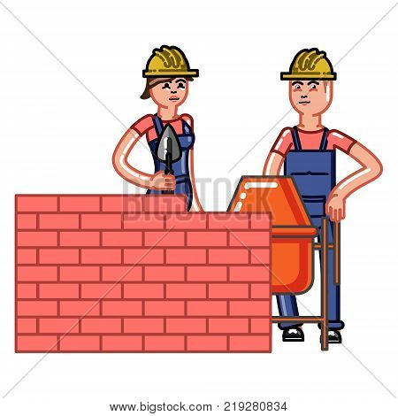 Builder build a brick wall and partner helps to knead concrete. Vector sketch cartoon illustration.