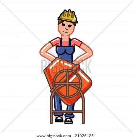 Builder knead concrete. Vector sketch cartoon illustration.