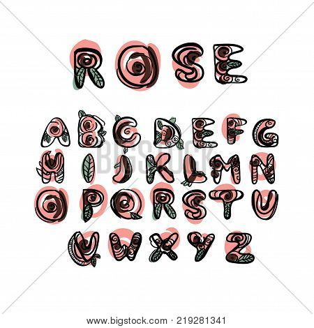 Hand drawn latin font. Doodle style. Flloral vector symbols