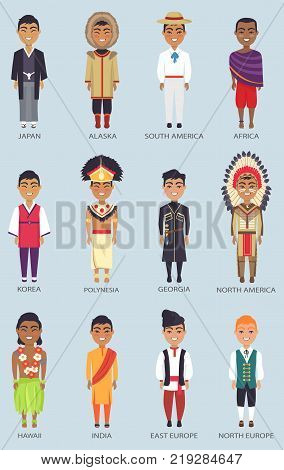 Japan and korea, alaska and africa, india and hawaii, set of icons with men representatives on vector illustration isolated on blue