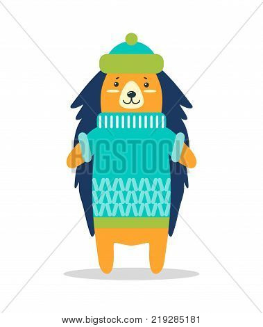 Cute hedgehog in warm hat and knitted winter sweater with pattern isolated vector illustration on white background. Christmas animal in clothes.