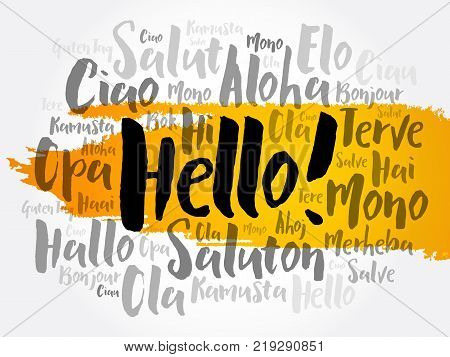 Hello word cloud in different languages of the world background concept