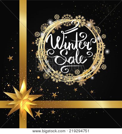 Winter sale poster in decorative frame made of silver and golden snowflakes bow with ribbon in corner, stars of gold in x-mas border isolated on black vector