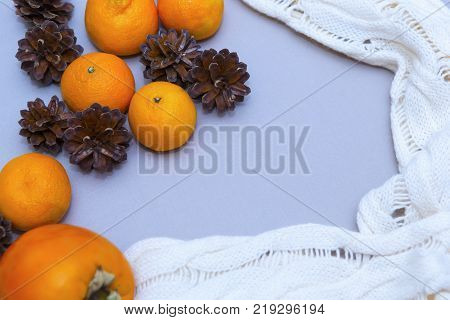 Tangerines with christmas decoration. Tangerines with spruce. Christmas decoration. Copy space