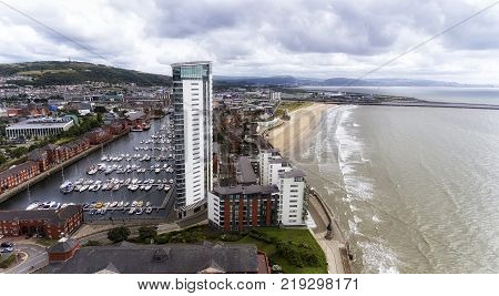 Editorial Swansea, UK - July 29, 2017: A view of Swansea East side showing Kilvey Hill, the Marina and the Meridian Tower, the tallest building in Wales, UK