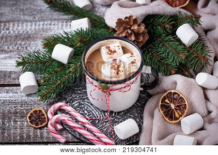Homemade hot chocolate or cocoa drink. Selective fovus