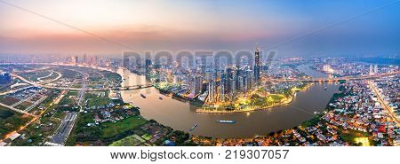 Royalty Hight Quality Free Stock Image Aerial View Of A Beatiful Skyscaper Along The River Light Smo