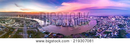 Royalty Hight Quality Free Stock Image Aerial View Of A Beatiful Skyscaper Along The River Light Smo