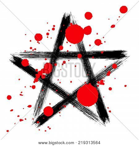 Pentagram icon brush drawing magic occult star symbol with blood drops. Vector illustration in black isolated over white.