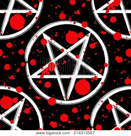 Reversed pentagram seamless pattern brush drawing magic occult star symbol with red blood splatter drops over black. Vector background illustration.