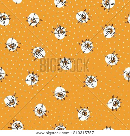 Seamless vector pattern with white flowers and dots on yellow background