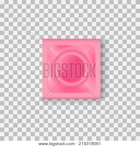 Condom in pink package. Barrier contraceptive, preventing pregnancy, sexual act, copulation. Sex concept. Can be used for greeting cards, posters, leaflets and brochure