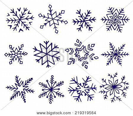 Set of different hand-drawn snowflakes. vector illustration