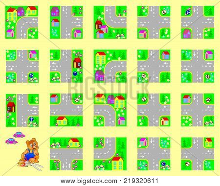 Template with exercise for children. Cut the squares, make your own village with roads and drive by toy cars. Developing skills for cutting and handwork.