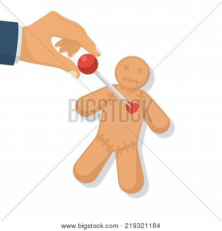 Voodoo doll. Human holds a needle in hand, prick it into toy. Read spell. Mysticism and witchcraft. Vector illustration flat design. Isolated on white background.