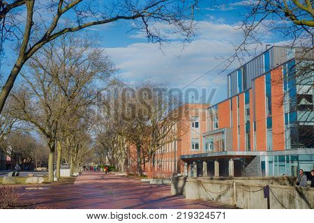 GUELPH, ONTARIO, CANADA - MARCH 15, 2016: View of Guelph University campus buildings with a blend of modern and traditional architecture.