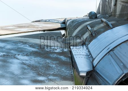 TIMISOARA ROMANIA - JULY 20 2013: Open doors festival. Air show at the Traian Vuia airport. Tail of an old weathered Mikoyan-Gurevich MiG-23MF.