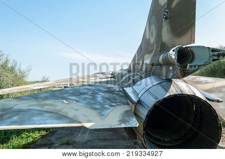 TIMISOARA ROMANIA - JULY 20 2013: Open doors festival. Air show at the Traian Vuia airport. Tail of an old weathered Mikoyan-Gurevich MiG-23MF.